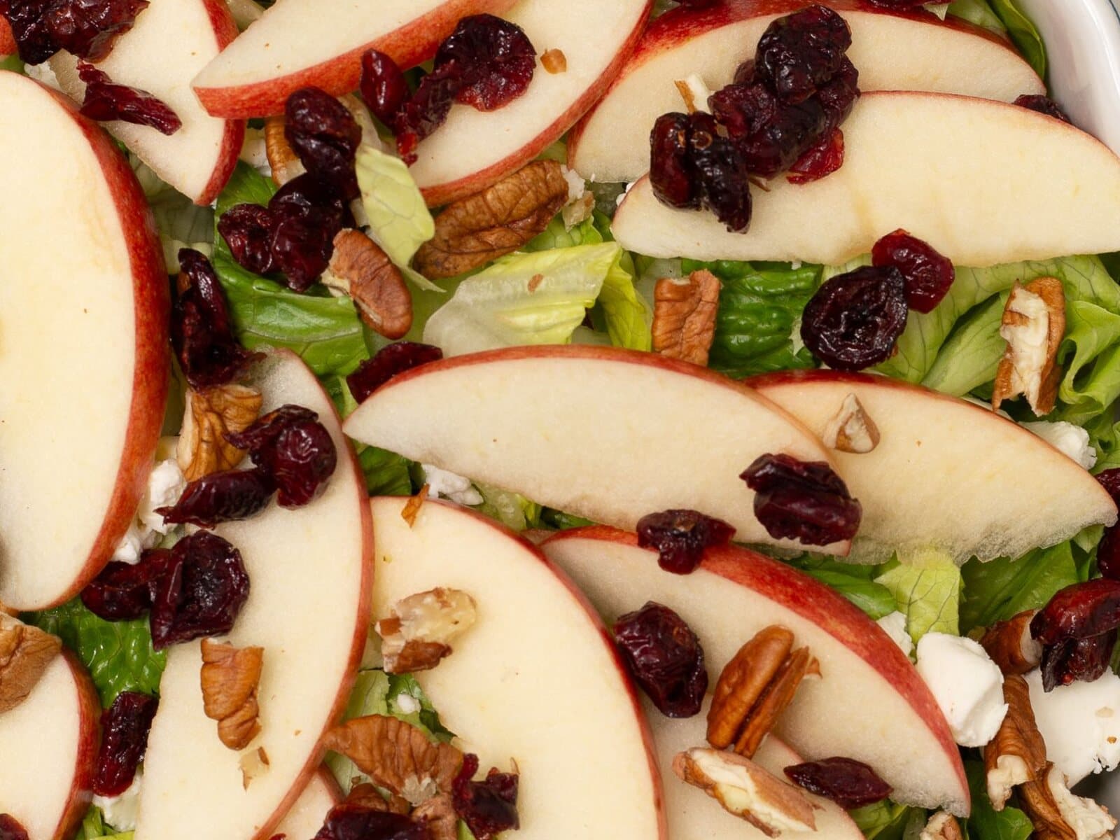 Mixed greens with apple slices, dried cranberries, pecans and crumbled goat cheese.